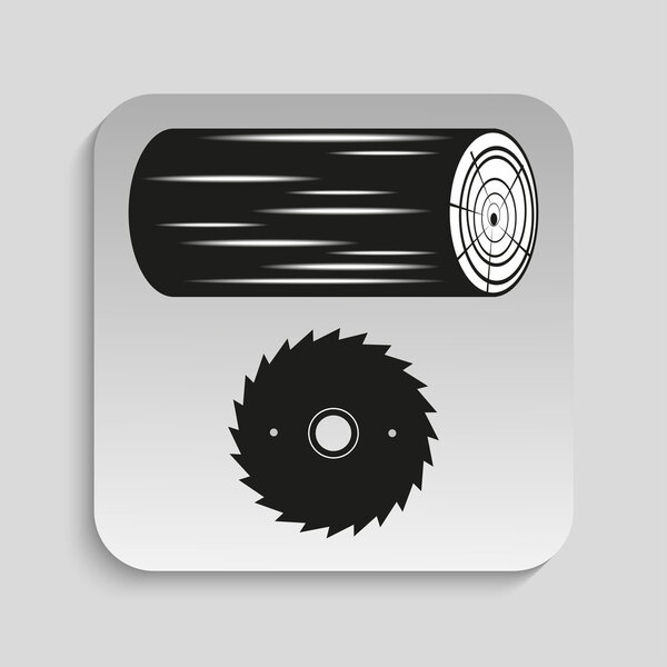 Sawing logs. Vector icon. Black and white image on a background with a shadow.