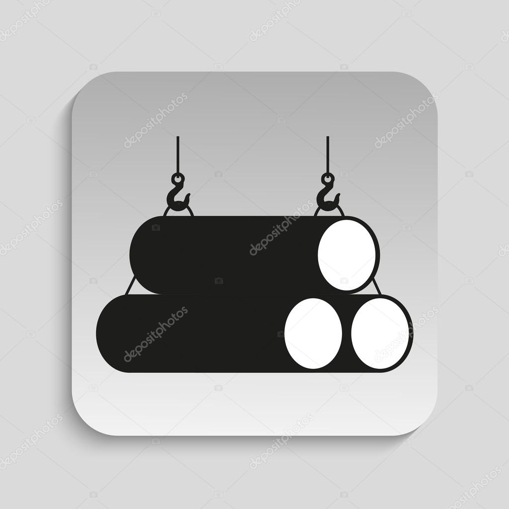 Symbol. Loading crane steel pipe. Vector icon. Black and white image on a background with a shadow.