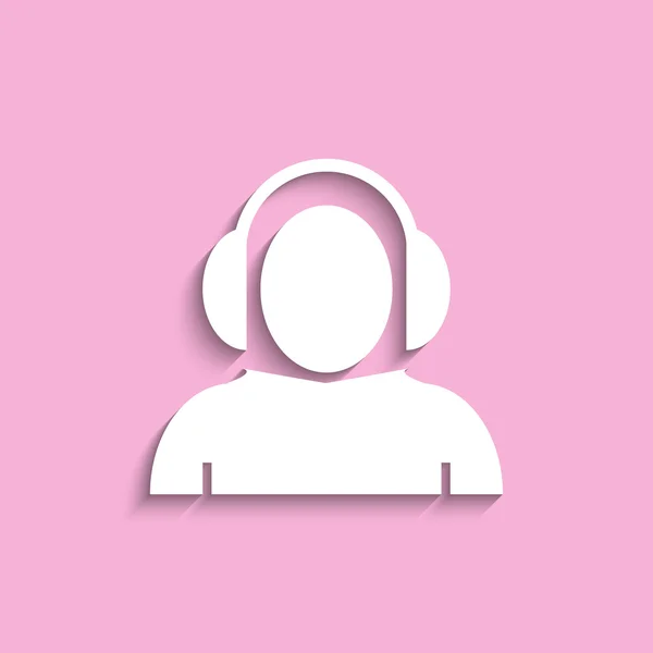 Hombre con auriculares. Icono del vector. Imagen blanca sobre fondo rosa . — Vector de stock