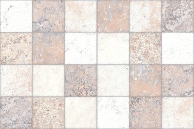 Resim, çeşitli dekoratif taş dokularıyla döşenmiş bir desen gösteriyor. Kare karolardan oluşan ve bej, krem ve gri tonlarını da içeren çeşitli taş desenleri ve renkleri içeren bir ızgara deseni..