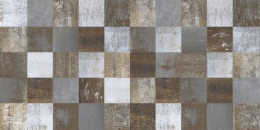 Resim çeşitli dekoratif çimento halı dokularıyla döşenmiş bir desen sergiliyor. Kahverengi, gri, beyaz tonlarında kare karolardan oluşan bir dama tahtası deseni. Her karo farklı bir doku, beton ya da çimento yüzeyine sahiptir..