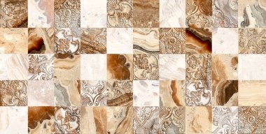 Değişik kahverengi tonlarında, yaprak desenleriyle vurgulanmış dikey tahtalar içeren dekoratif bir mermer. Kahverengi ve bej tonlarında kare fayanslardan oluşan karmaşık bir mozaik. Süslü desenler ve dokular içeriyor..