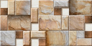 Birbirine kenetlenmiş dikdörtgen taş fayanslar kahverengi, gri ve beyaz tonlarında geometrik desenler oluşturur..