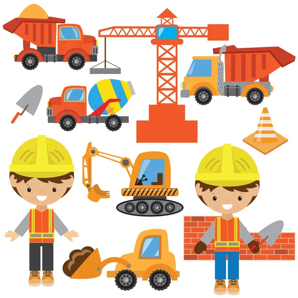 Worker and construction trucks — Stock Vector © blueringmedia #184672106