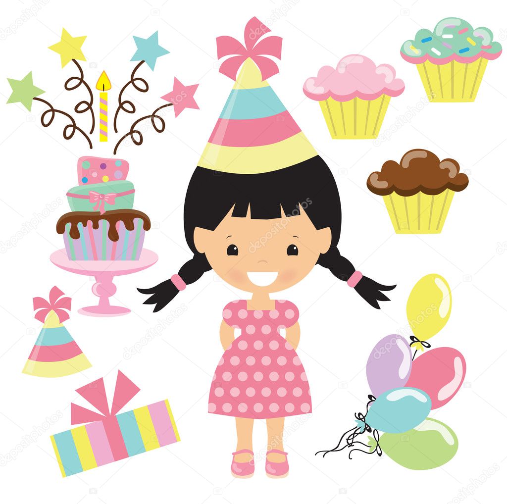 Birthday little girl vector cartoon illustration