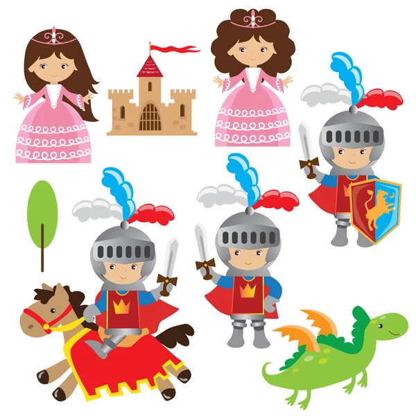 Cavaleiro medieval, princesa e dragão ilustração vetorial — Vetor de Stock