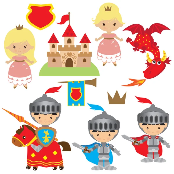 中世纪的骑士、 公主、 龙矢量图 — 图库矢量图片