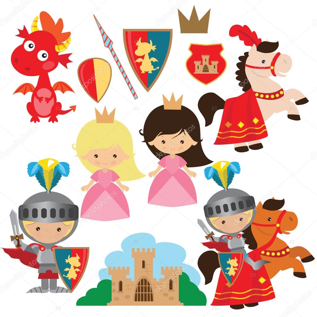 Knight, princess and dragon vector illustration