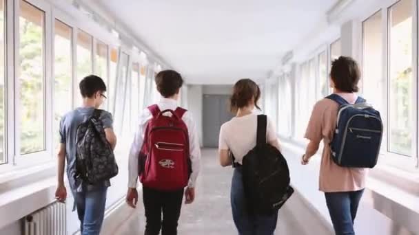 Schoolvrienden Wandelen Praten Schoolzaal — Stockvideo