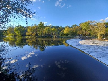 Akşam güneşi Humber Nehri somon merdivenini aydınlatıyor. İnsanlar nehir boyunca toplanıp akan suyu seyrediyorlar..