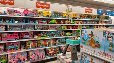 Toronto, ON, Canada - October 5 27, 2025: View the shelves with the toys in the Toys R Us store in Canada