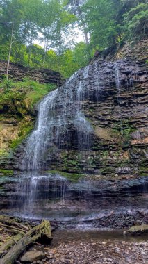 A beautiful waterfall cascades over the rugged, moss-covered rock formation within a serene, lush green forest landscape.