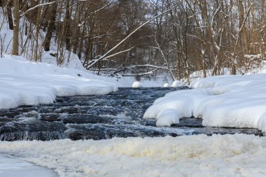 Küçük bir dere karlı bir ormanın içinden akar, karla kaplı kayalar ve kıyılar huzurlu bir kış manzarası yaratır..