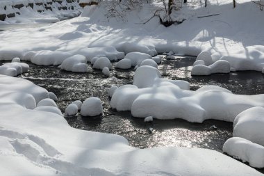 Küçük bir dere karlı bir ormanın içinden akar, karla kaplı kayalar ve kıyılar huzurlu bir kış manzarası yaratır..