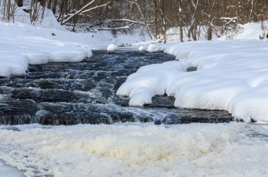 Küçük bir dere karlı bir ormanın içinden akar, karla kaplı kayalar ve kıyılar huzurlu bir kış manzarası yaratır..