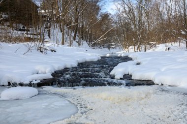 Küçük bir dere karlı bir ormanın içinden akar, karla kaplı kayalar ve kıyılar huzurlu bir kış manzarası yaratır..