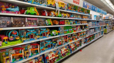 Toronto, ON, Canada - October 5 27, 2025: View the shelves with the toys in the Toys R Us store in Canada