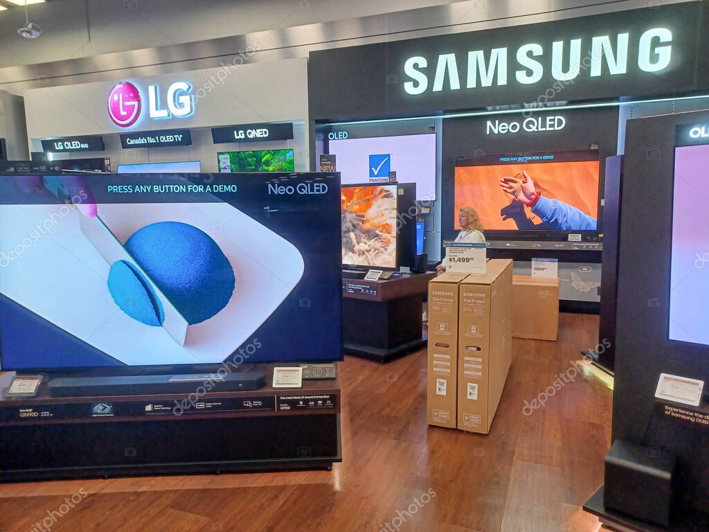 Toronto, ON, Canada - October 5, 2025: View the shelves with the electronics in the Best Buy store