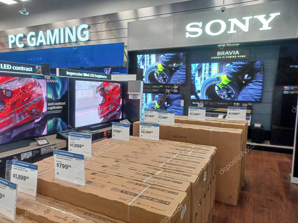 Toronto, ON, Canada - October 5, 2025: View the shelves with the electronics in the Best Buy store