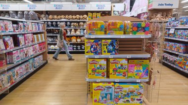 Toronto, ON, Canada - October 5 27, 2025: View the shelves with the toys in the Toys R Us store in Canada