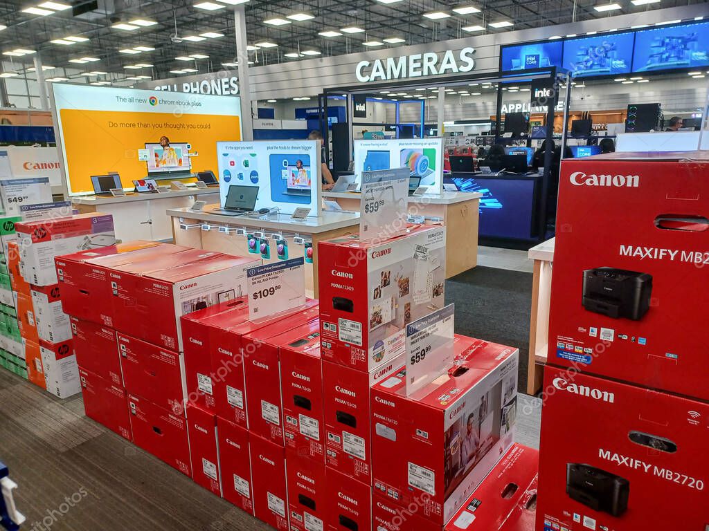 Toronto, ON, Canada - October 5, 2025: View the shelves with the electronics in the Best Buy store