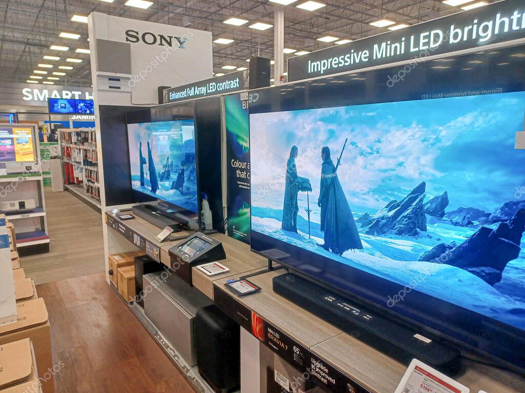 Toronto, ON, Canada - October 5, 2025: View the shelves with the electronics in the Best Buy store
