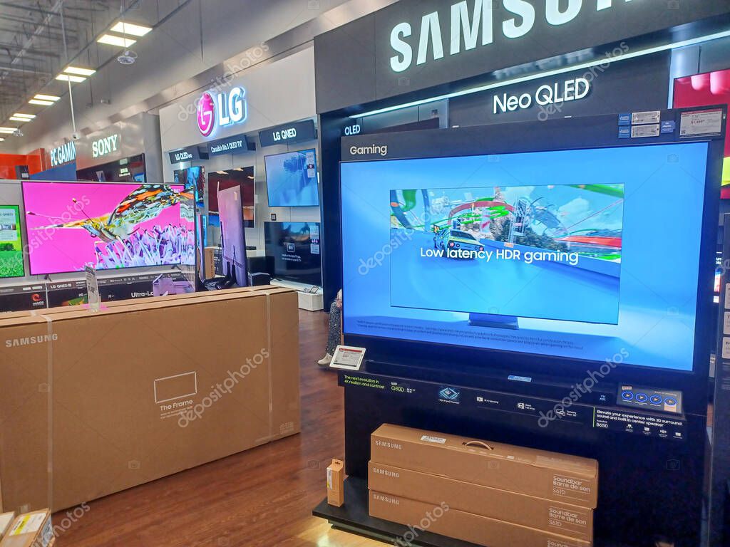 Toronto, ON, Canada - October 5, 2025: View the shelves with the electronics in the Best Buy store