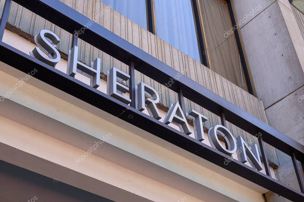 Toronto, ON, Canada - September 9, 2025: View at the Sheraton Hotel sign on the wall