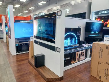 Toronto, ON, Canada - October 5, 2025: View the shelves with the electronics in the Best Buy store