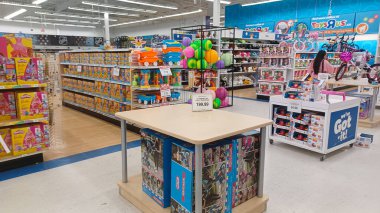 Toronto, ON, Canada - October 5 27, 2025: View the shelves with the toys in the Toys R Us store in Canada