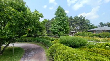 Montreal, QC, Kanada - 8 Ağustos 2025 Botanik Bahçesinde çeşitli güzel bitkiler ve doğal elementler sergileniyor, parlak bir gökyüzü altında bahçecilik tasarımı sergileniyor...