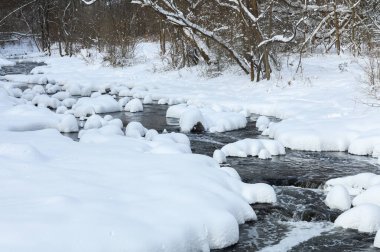 Küçük bir dere karlı bir ormanın içinden akar, karla kaplı kayalar ve kıyılar huzurlu bir kış manzarası yaratır..