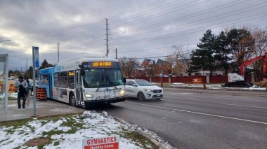 Toronto, ON, Kanada - 11 Kasım 2025: Bir York Bölgesi Transit halk otobüsü, bulutlu bir banliyö ticaret bölgesinde 