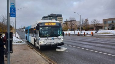Toronto, ON, Kanada - 11 Kasım 2025: Bir York Bölgesi Transit halk otobüsü, bulutlu bir banliyö ticaret bölgesinde 