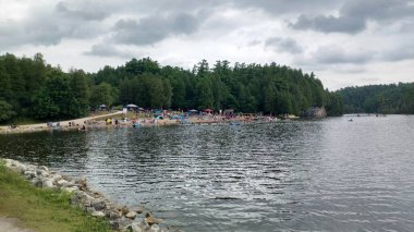 Rockwood, ON, Kanada - 19 Ağustos 2025: Kalabalık kalabalık yoğun bir yaz günü boyunca bir ormanın yakınındaki kumsalda yüzmeyi ve dinlenmeyi seviyor.