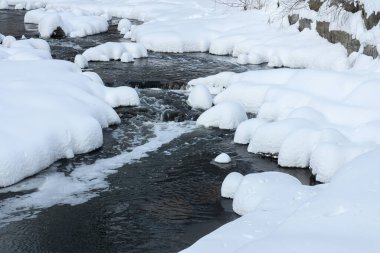 Küçük bir dere karlı bir ormanın içinden akar, karla kaplı kayalar ve kıyılar huzurlu bir kış manzarası yaratır..