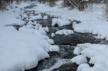 Küçük bir dere karlı bir ormanın içinden akar, karla kaplı kayalar ve kıyılar huzurlu bir kış manzarası yaratır..