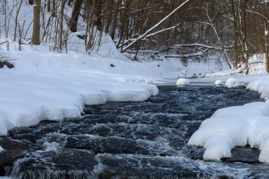 Küçük bir dere karlı bir ormanın içinden akar, karla kaplı kayalar ve kıyılar huzurlu bir kış manzarası yaratır..