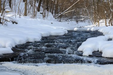 Küçük bir dere karlı bir ormanın içinden akar, karla kaplı kayalar ve kıyılar huzurlu bir kış manzarası yaratır..