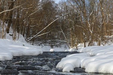 Küçük bir dere karlı bir ormanın içinden akar, karla kaplı kayalar ve kıyılar huzurlu bir kış manzarası yaratır..