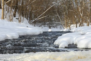 Küçük bir dere karlı bir ormanın içinden akar, karla kaplı kayalar ve kıyılar huzurlu bir kış manzarası yaratır..