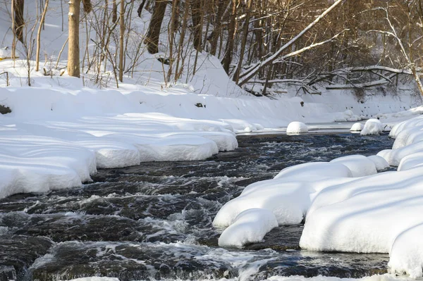 Küçük bir dere karlı bir ormanın içinden akar, karla kaplı kayalar ve kıyılar huzurlu bir kış manzarası yaratır..