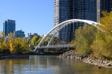 Humber Bay Kemer Köprüsü, Toronto ufuk çizgisi ve canlı sonbahar ağaçlarıyla aydınlık, berrak bir sonbahar gününde Etobikola kıyısı boyunca uzanır.