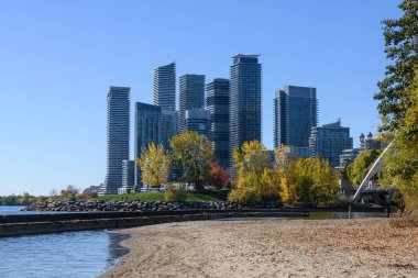 Etobikola kıyısı şehir manzarası, açık güneşli bir günde renkli sonbahar ağaçları, sakin göl suyu ve kumlu bir plaj üzerinde yükselen modern apartman kulelerine sahiptir.
