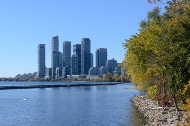 Rıhtımda yükselen modern gökdelenler, açık mavi gökyüzüne karşı kentsel gelişimi ve iş büyümesini yansıtıyor, sonbahar yaprakları kıyı şeridini kaplıyor.