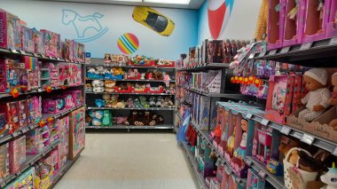 Toronto, ON, Canada - October 5 27, 2025: View the shelves with the toys in the Toys R Us store in Canada
