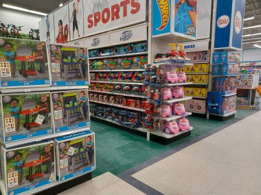 Toronto, ON, Canada - October 5 27, 2025: View the shelves with the toys in the Toys R Us store in Canada