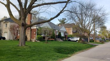 Toronto, ON, Kanada - 26 Nisan 2025: Bu görüntüde Etobicoke 'da baharda sergilenen evler ve çiçek açan ağaçlar görülüyor.