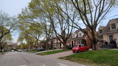 Toronto, ON, Kanada - 26 Nisan 2025: Huzurlu bir Etobikola sokağı ilkbahar gününde olgun ağaçlar ve kırmızı bir araba gösteriyor.