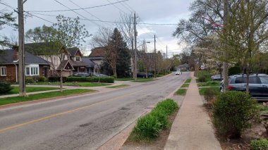 Toronto, ON, Kanada - 26 Nisan 2025: Etobicoca 'daki cadde, çiçek açan ağaçlar ve yeşil çimlerle baharın gelişini gösteriyor.